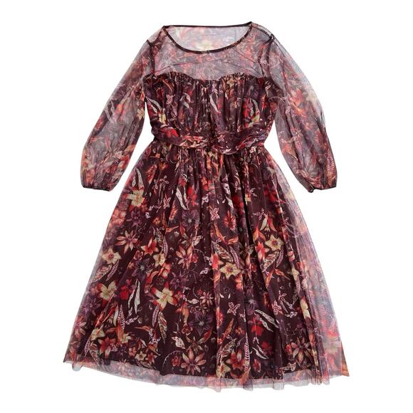 Candalite Midi Dress Womens Medium Burgundy Floral Mesh Overlay Sheer Sleeves - Picture 11 of 11